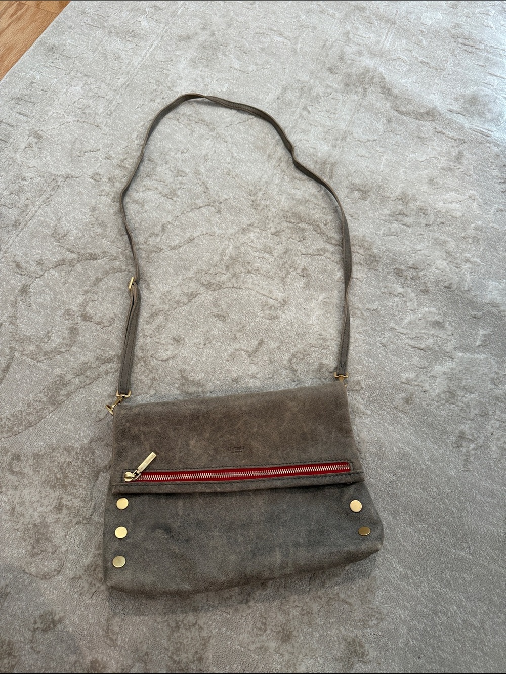 Hammitt Taupe Leather Crossbody with Red Zipper Accent